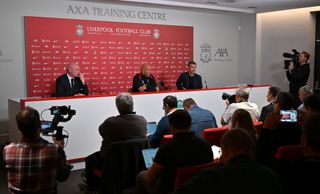 Arne Slot new head coach of Liverpool and Richard Hughes sporting director of Liverpool during their first press conference at AXA Training Centre on July 05, 2024 in Kirkby, England