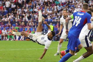 England Euro 2024 squad Jude Bellingham of England scores his teams first goal with a bicycle kick during the UEFA EURO 2024 round of 16 match between England and Slovakia at Arena AufSchalke on June 30, 2024 in Gelsenkirchen, Germany. (Photo by Jürgen Fromme - firo sportphoto/Getty Images)