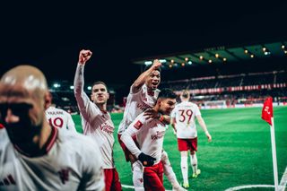 Casemiro of Manchester United celebrates scoring their first goal during the Emirates FA Cup Fifth Round match between Nottingham Forest and Manchester United at City Ground on February 28, 2024 in Nottingham, England.