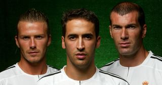 David Beckham, Raul and Zinedine Zidane of Real Madrid during an adidas shoot on July 30, 2003 at the at the Harbour Plaza Hotel in Kunming, China.