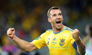 Ukraine striker and captain Andriy Shevchenko celebrates after scoring against Sweden at Euro 2012